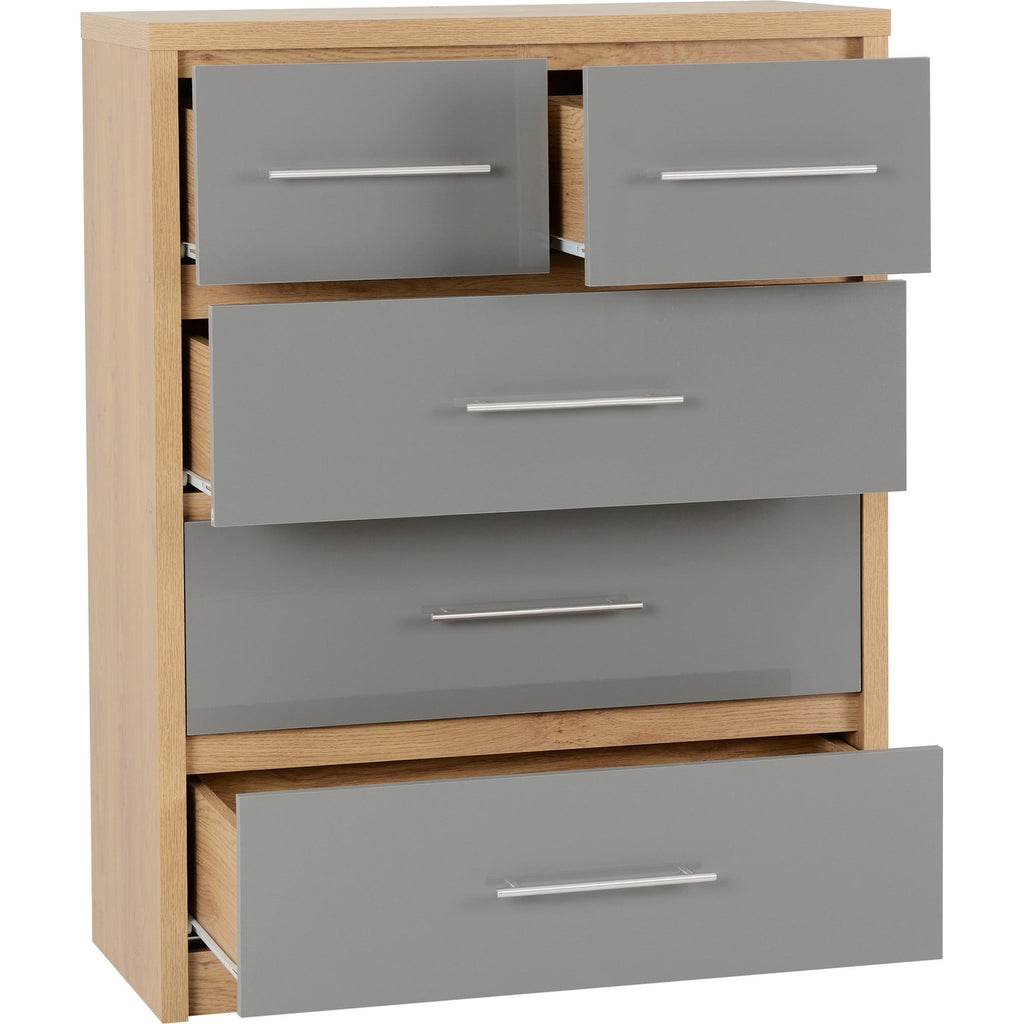 Seville 3+2 Drawer Chest - Grey Gloss/Light Oak Effect Veneer