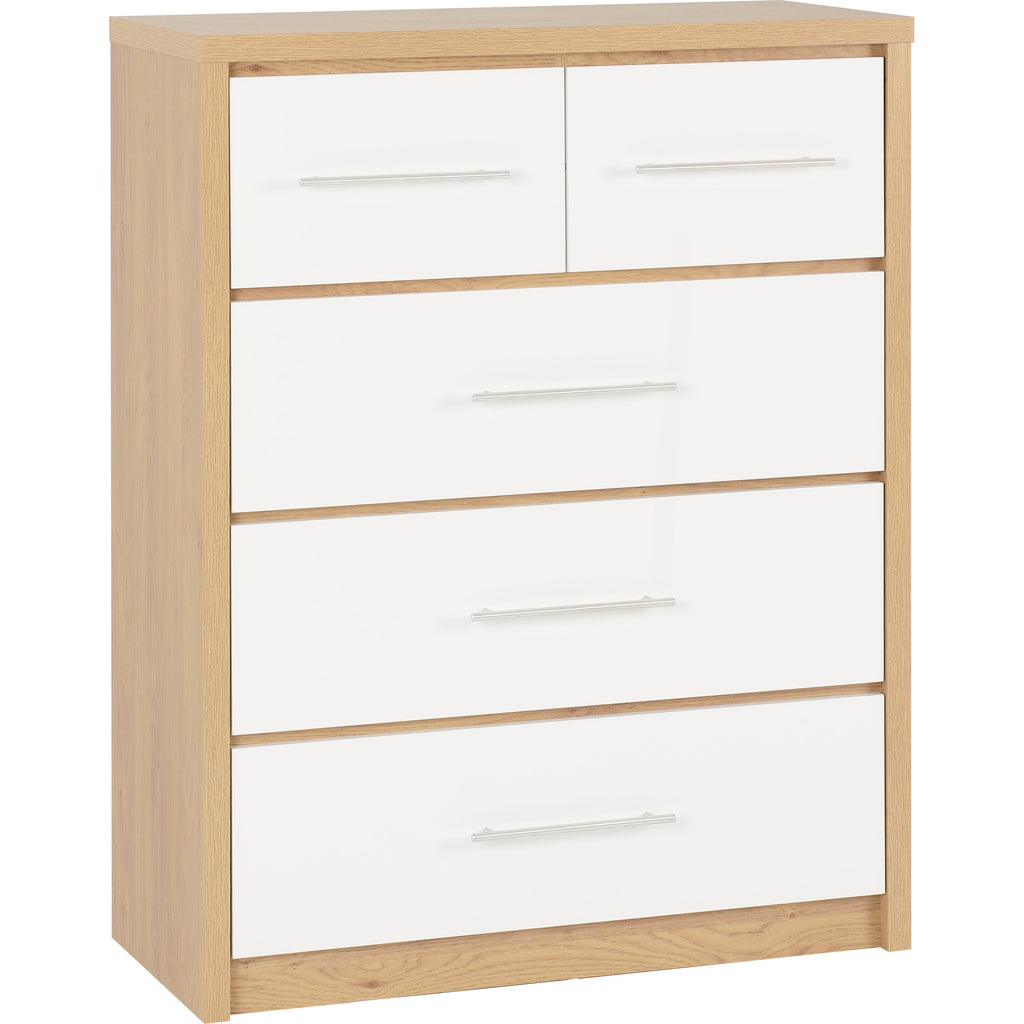 Seville 3+2 Drawer Chest - White Gloss/Light Oak Effect Veneer