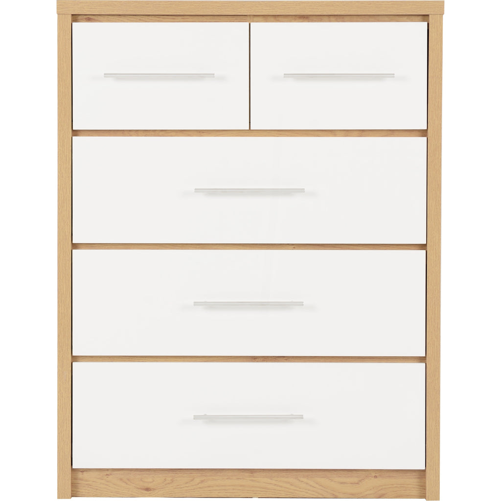 Seville 3+2 Drawer Chest - White Gloss/Light Oak Effect Veneer