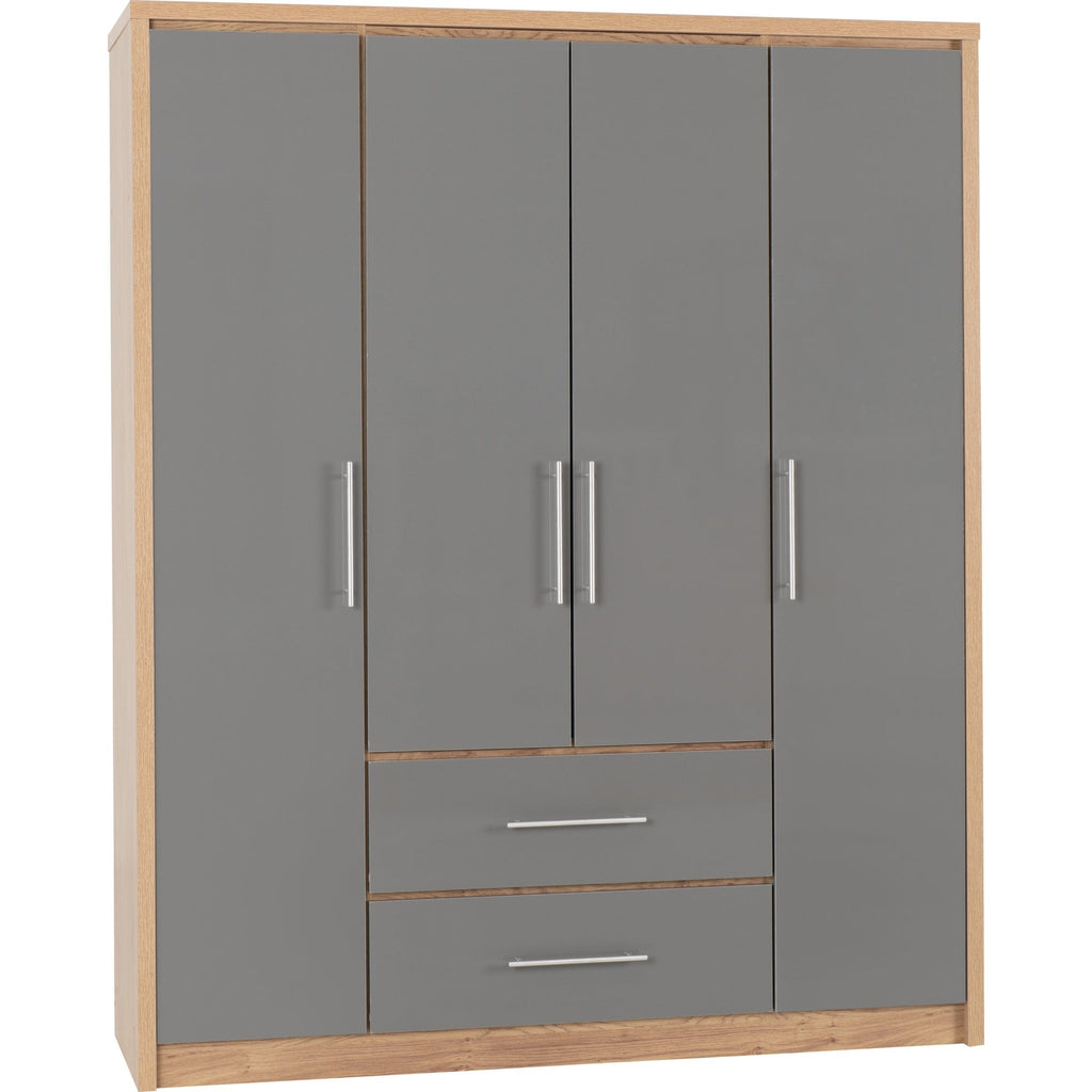 Seville 4 Door 2 Drawer Wardrobe - Grey Gloss/Light Oak Effect Veneer