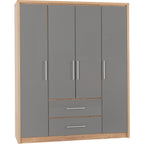 Seville 4 Door 2 Drawer Wardrobe - Grey Gloss/Light Oak Effect Veneer