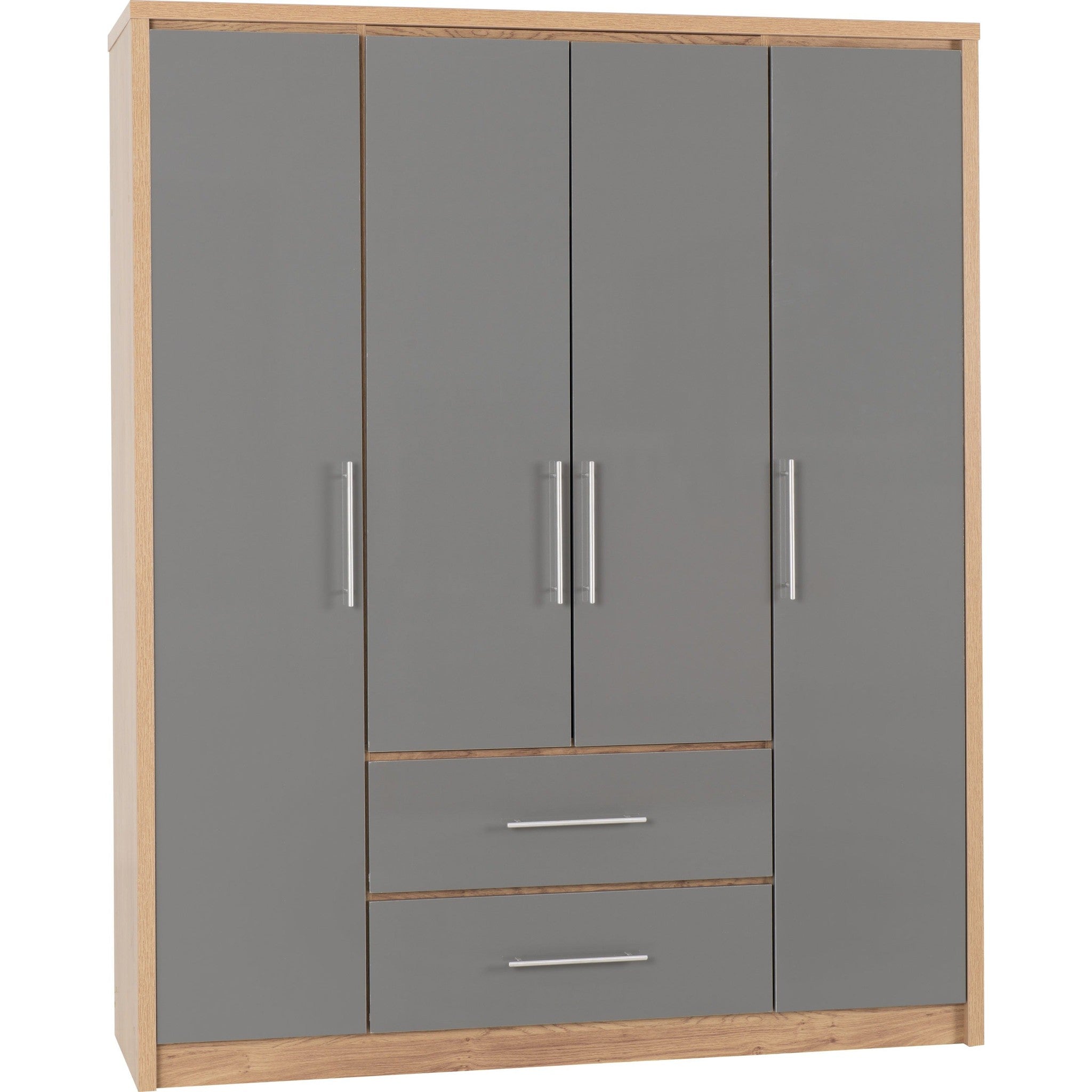 Seville 4 Door 2 Drawer Wardrobe - Grey Gloss/Light Oak Effect Veneer