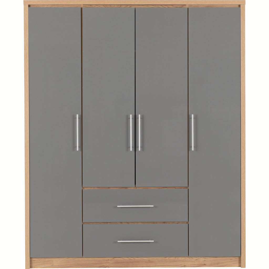 Seville 4 Door 2 Drawer Wardrobe - Grey Gloss/Light Oak Effect Veneer