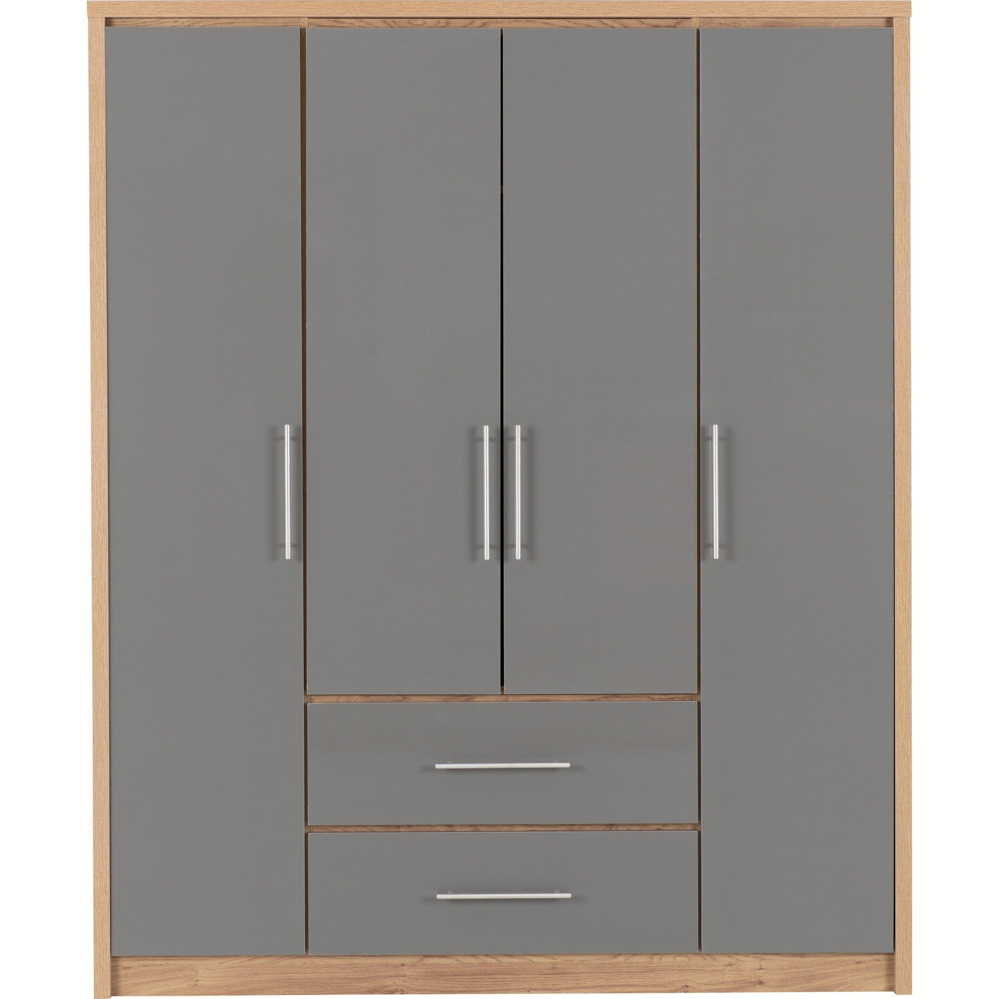 Seville 4 Door 2 Drawer Wardrobe - Grey Gloss/Light Oak Effect Veneer