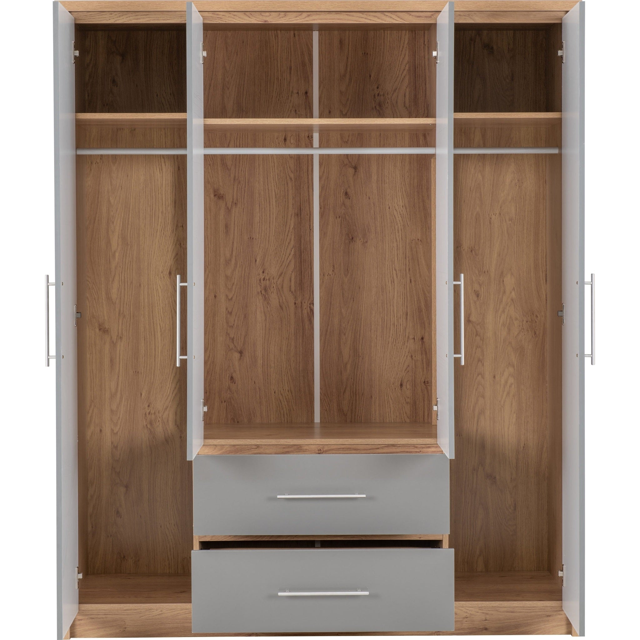 Seville 4 Door 2 Drawer Wardrobe - Grey Gloss/Light Oak Effect Veneer