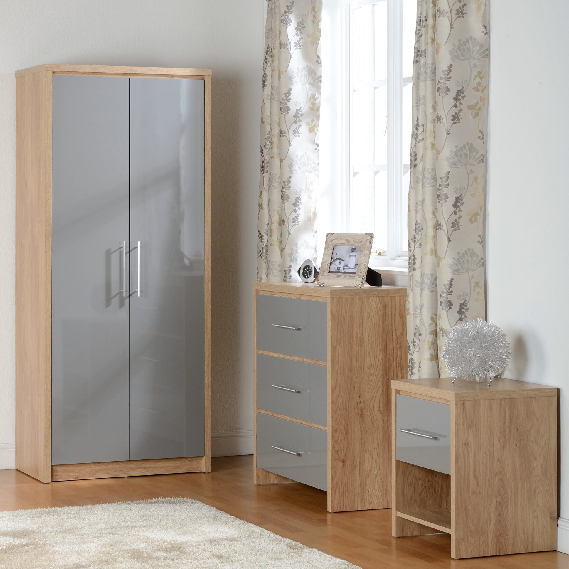 Seville 2 Door Wardrobe - Grey Gloss/Light Oak Effect Veneer