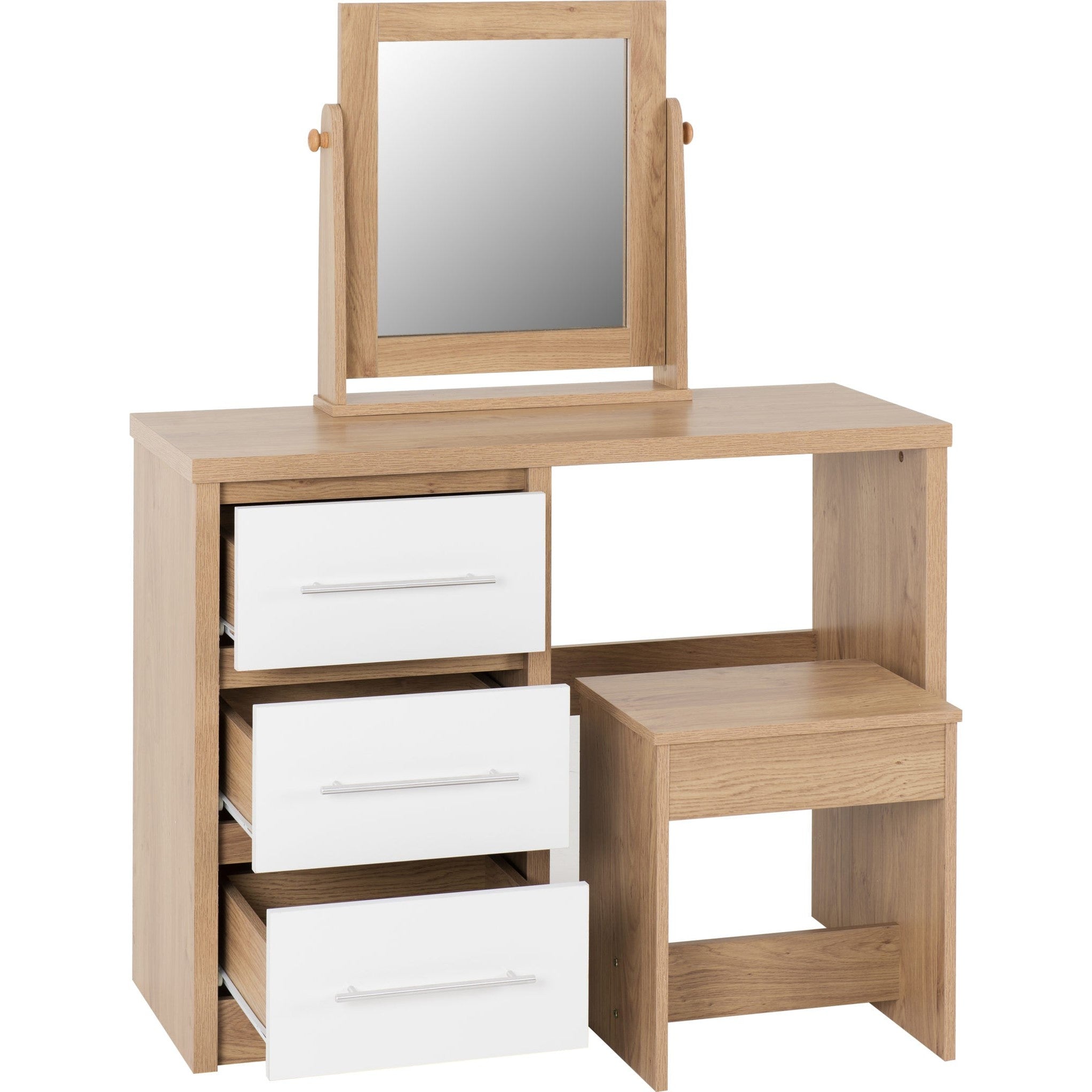 Seville Dressing Table Set - White Gloss/Light Oak Effect Veneer
