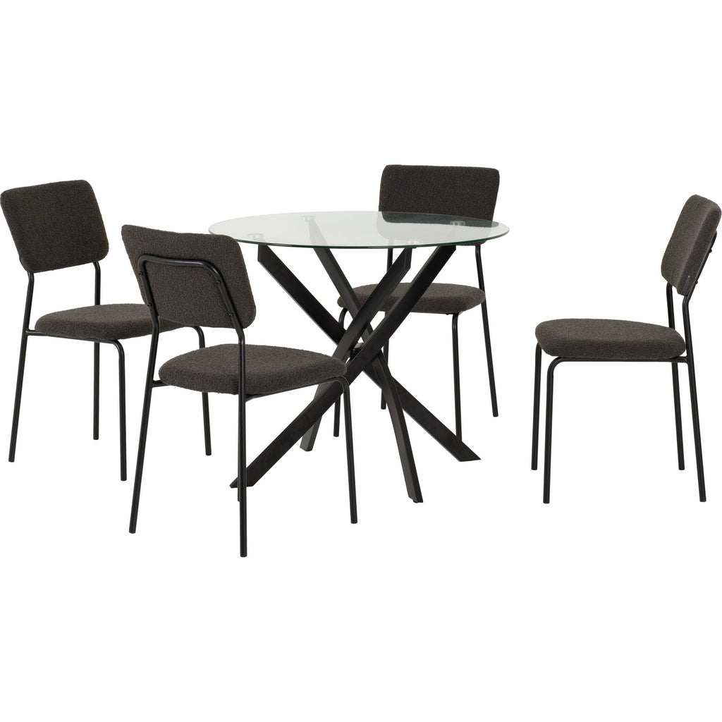 Sheldon Round Glass Top Dining Set X4 Chairs - Clear Glass/Grey Boucle Fabric