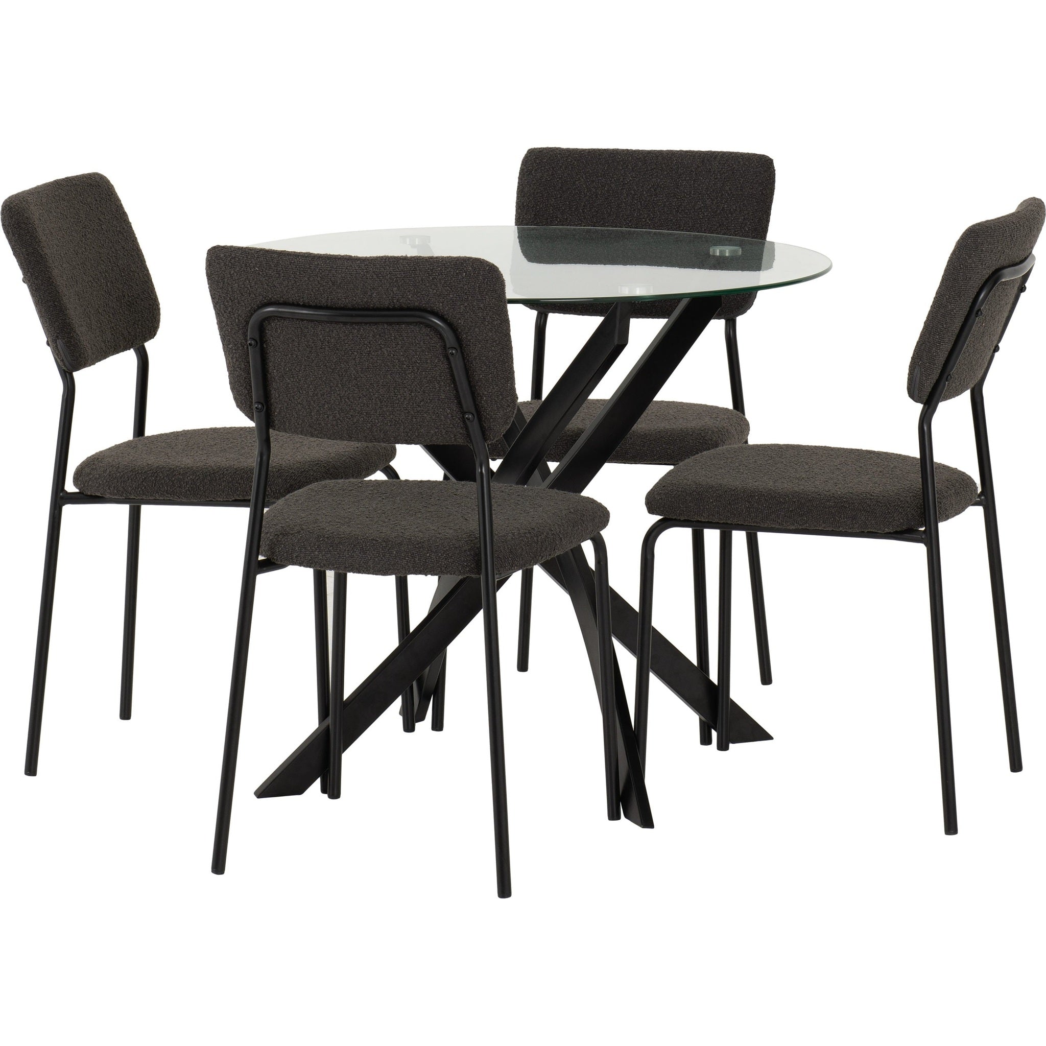 Sheldon Round Glass Top Dining Set X4 Chairs - Clear Glass/Grey Boucle Fabric