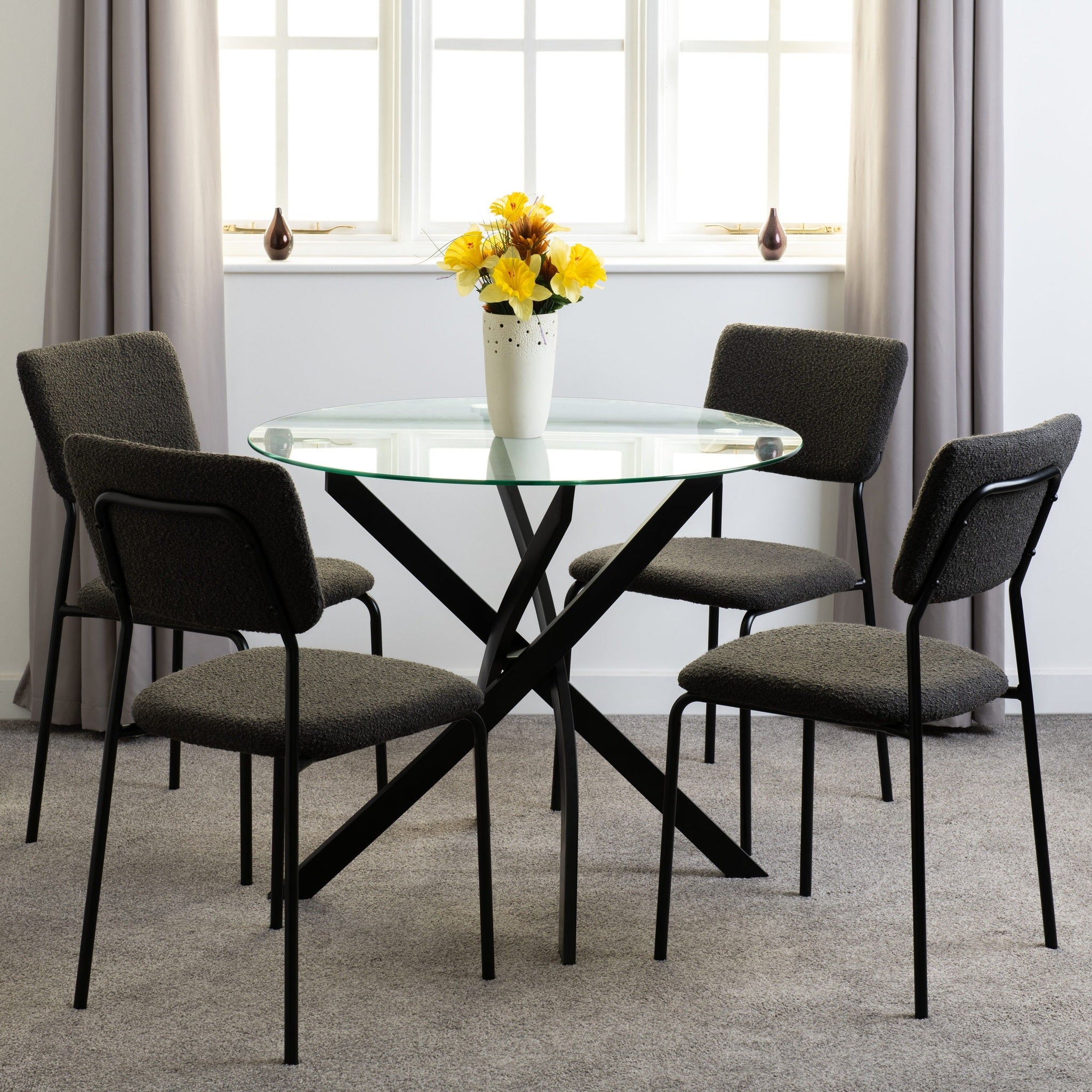 Sheldon Round Glass Top Dining Set X4 Chairs - Clear Glass/Grey Boucle Fabric
