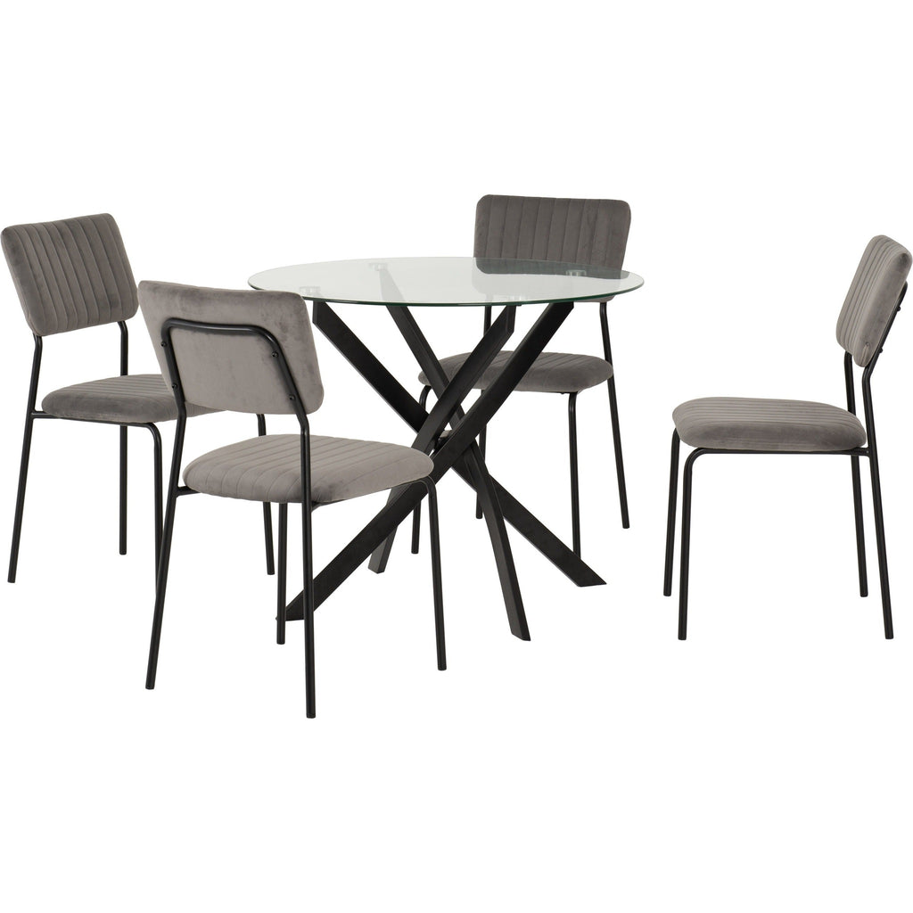 Sheldon Round Glass Top Dining Set X4 Chairs - Clear Glass/Grey Velvet Fabric