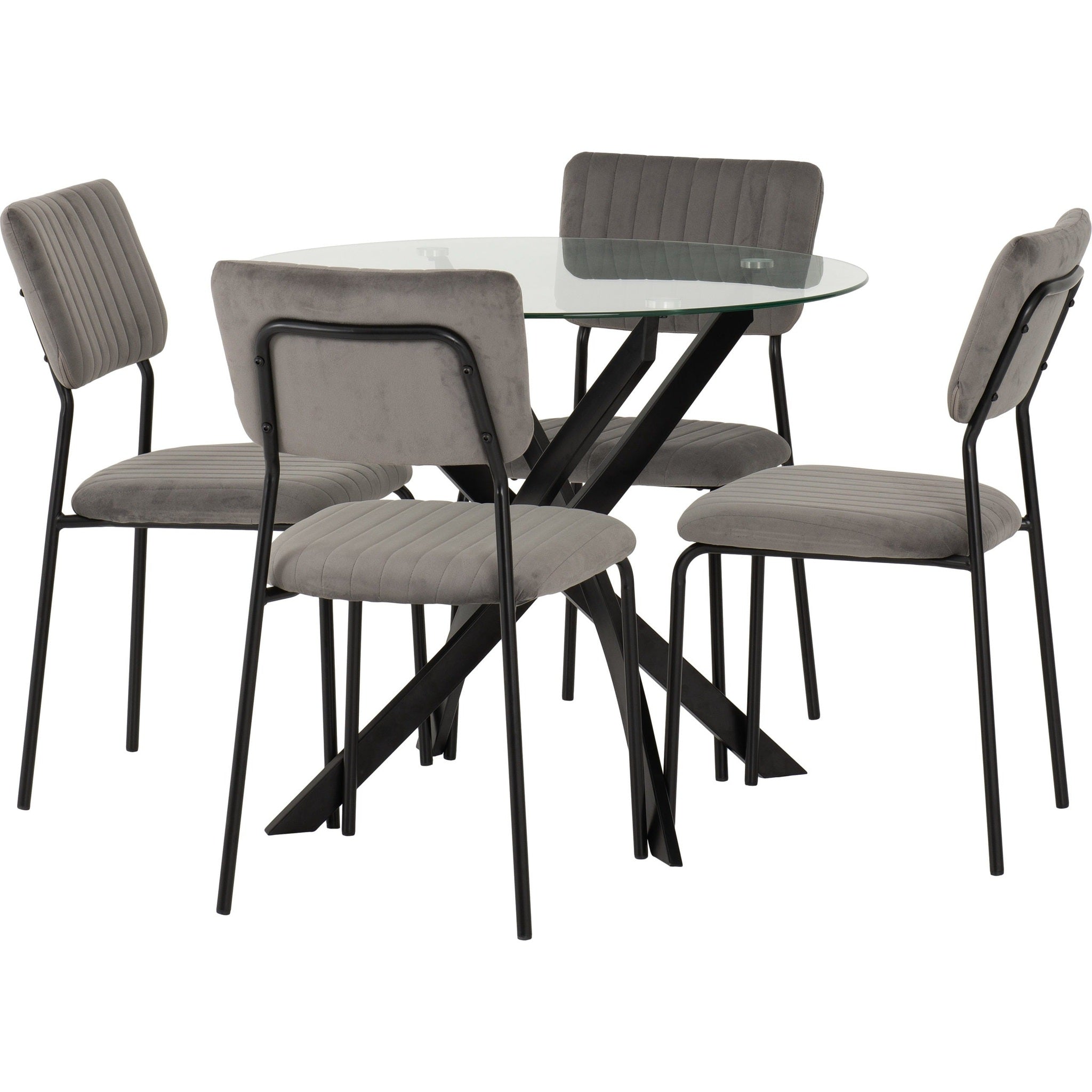Sheldon Round Glass Top Dining Set X4 Chairs - Clear Glass/Grey Velvet Fabric