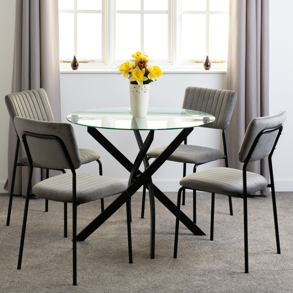Sheldon Round Glass Top Dining Set X4 Chairs - Clear Glass/Grey Velvet Fabric