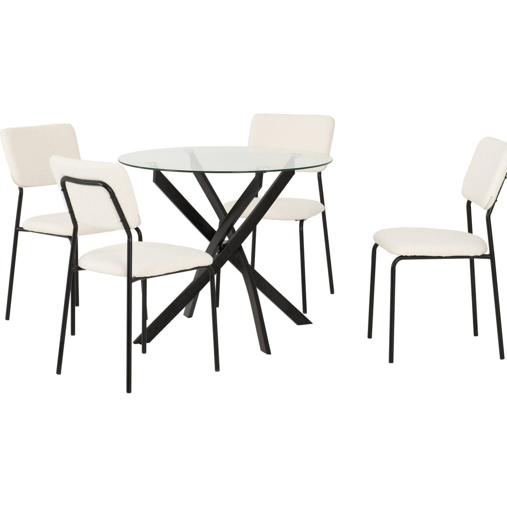 Sheldon Round Glass Top Dining Set X4 Chairs - Clear Glass/Ivory Boucle Fabric