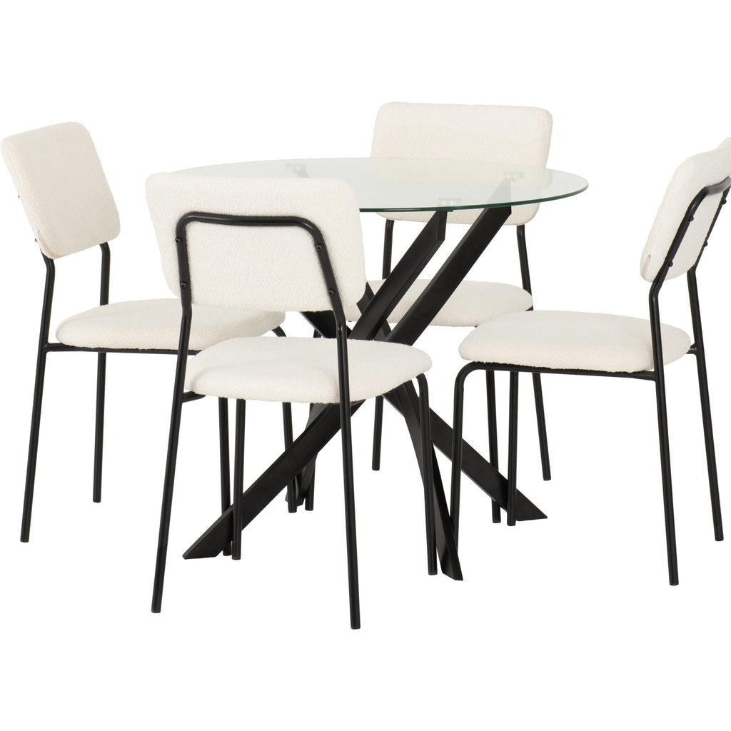Sheldon Round Glass Top Dining Set X4 Chairs - Clear Glass/Ivory Boucle Fabric