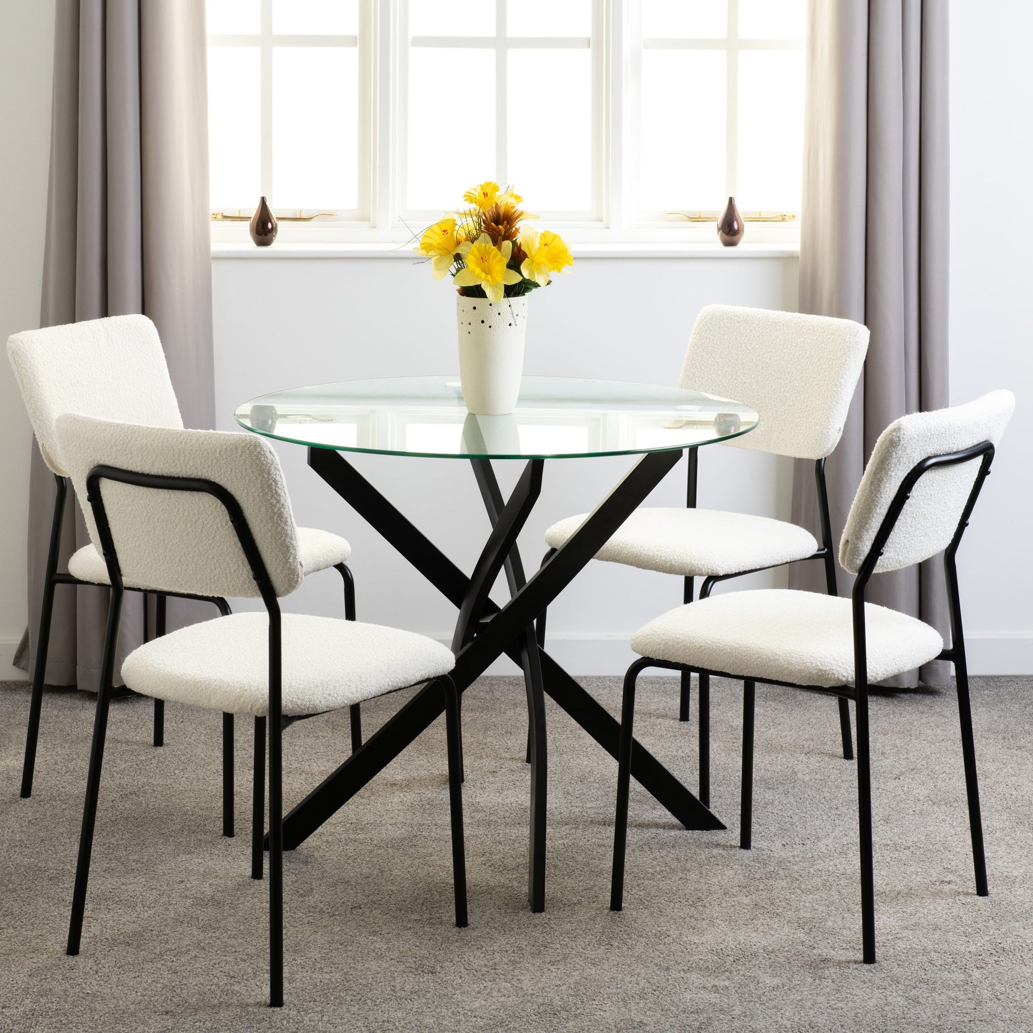 Sheldon Round Glass Top Dining Set X4 Chairs - Clear Glass/Ivory Boucle Fabric