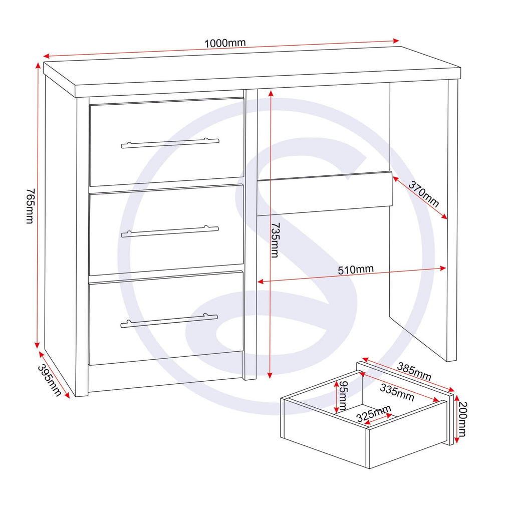 Seville Dressing Table Set - White Gloss/Light Oak Effect Veneer