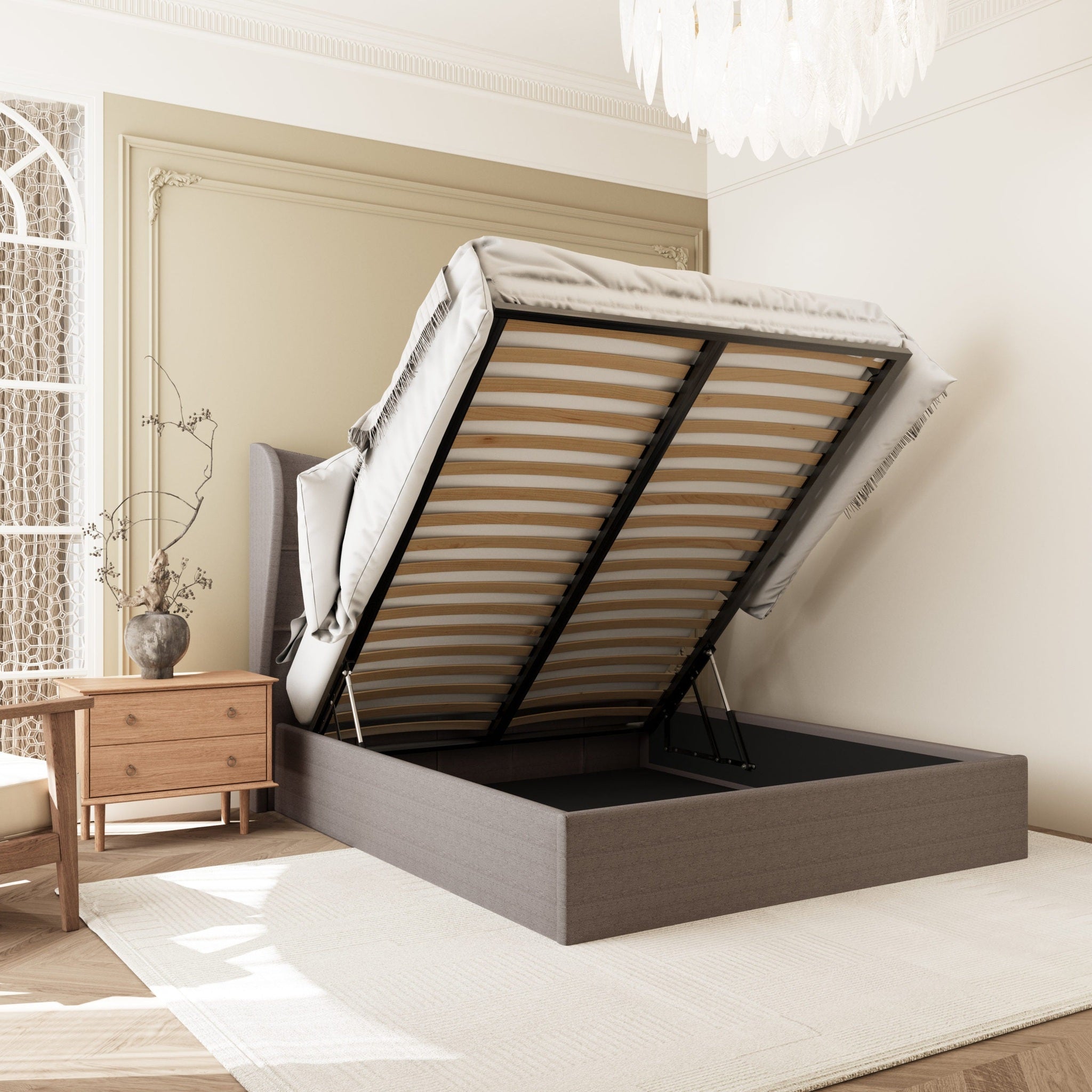 Verona 4'6" Ottoman Bed - Brown Fabric